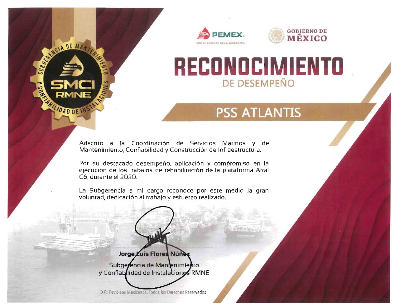Concluye Cotemar rehabilitación de la plataforma Akal C-6 y recibe reconocimiento de Pemex