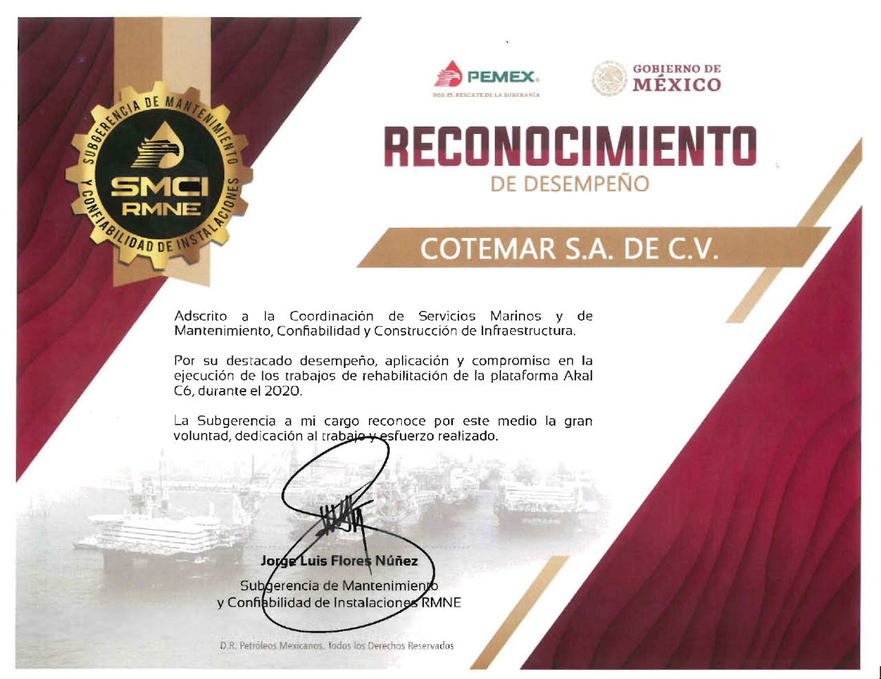 Concluye Cotemar rehabilitación de la plataforma Akal C-6 y recibe reconocimiento de Pemex